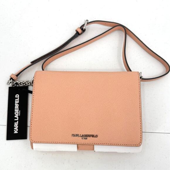 NWT Karl Lagerfeld Paris Connie Peach Leather Crossbody Bag Flap Closure - Picture 1 of 12